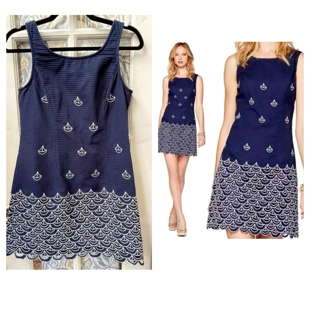 $248 Lilly Pulitzer Navy blue nautical sailboat Embroidered Dress 4 small